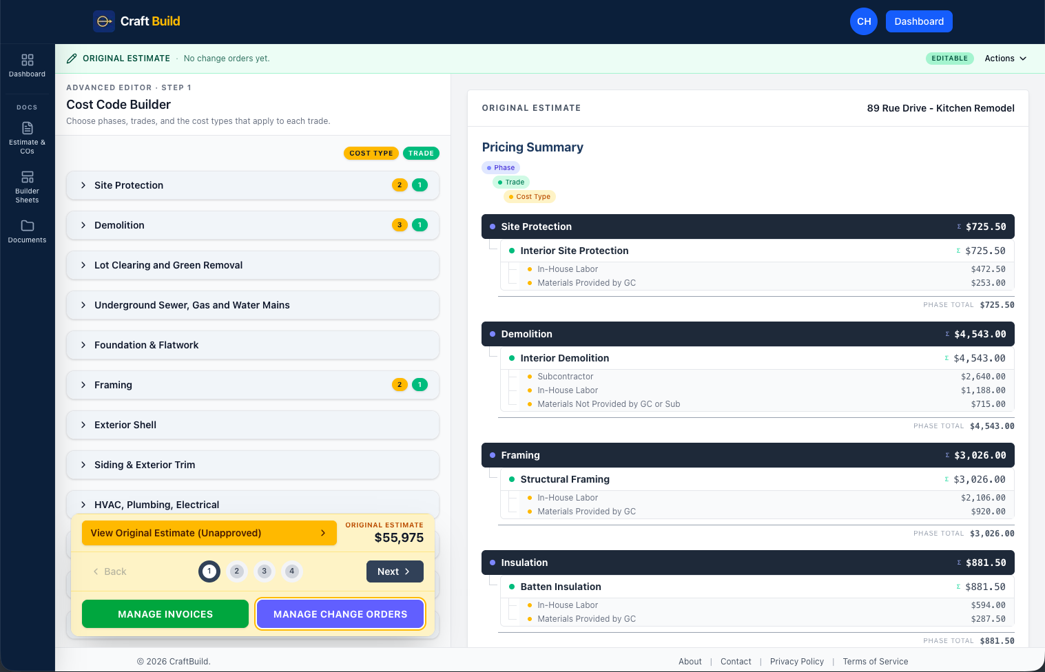 CraftBuild advanced editor — step wizard on the left, live Original Estimate preview on the right.