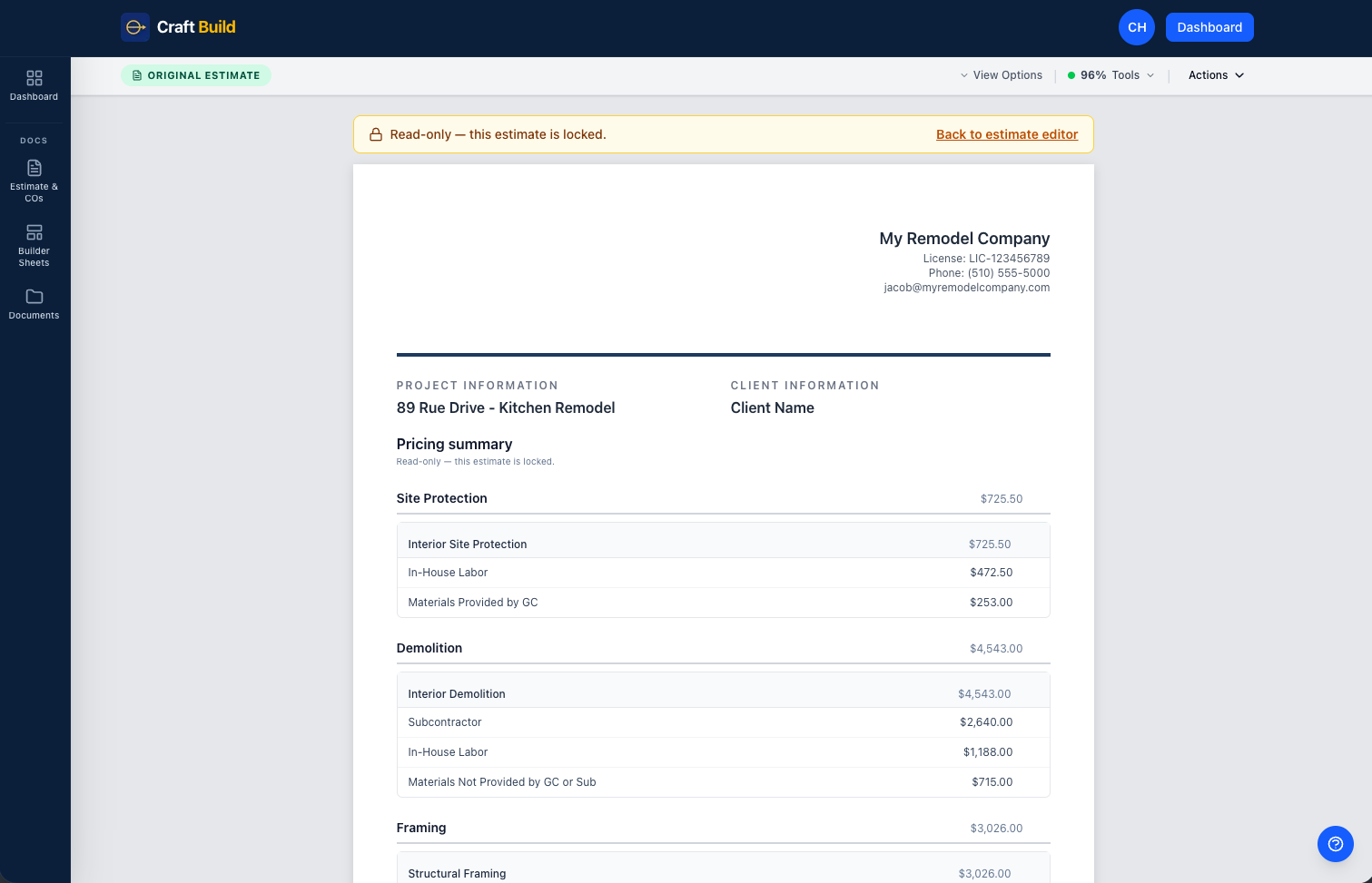 CraftBuild locked estimate — read-only document with an amber lock banner.
