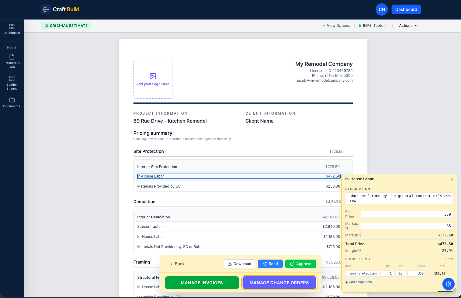 CraftBuild inline document view — editable estimate with pricing summary and Health Check score.